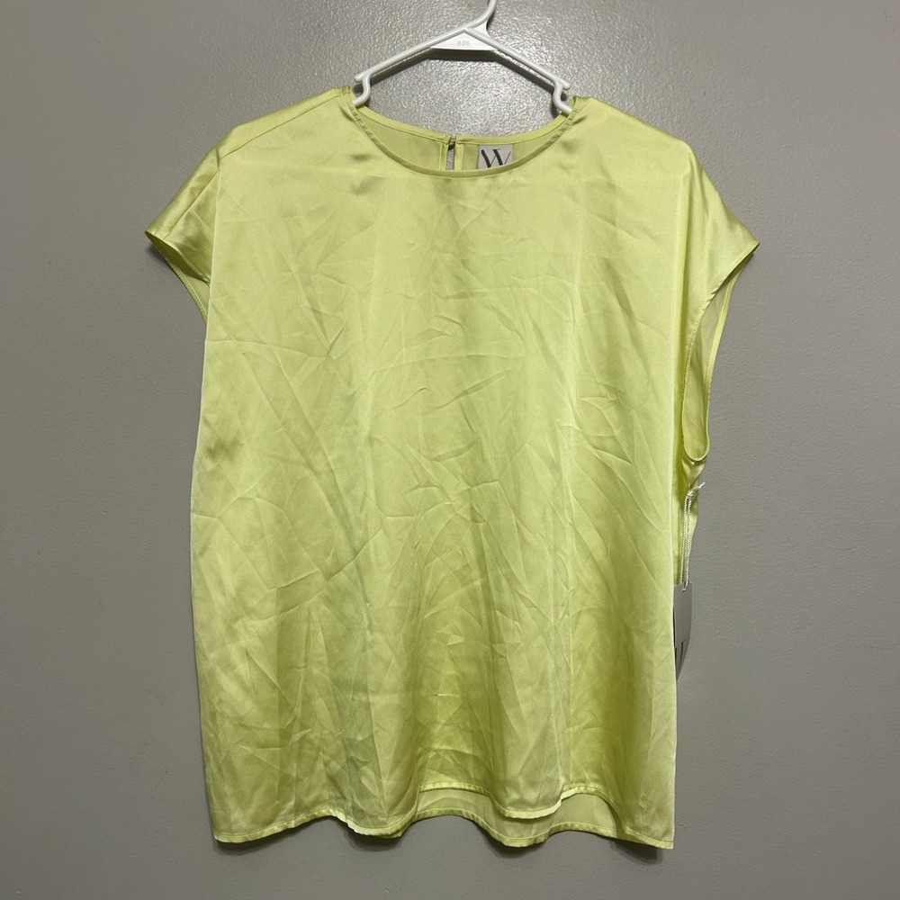 Worthington Blouse XL Pale Yellow Lime NWT Satin Crew Neck Sleeveless Silky Neon